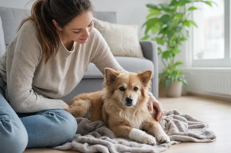 Ein Spitz mit leichtem Verband an der Pfote liegt ruhig auf einer Decke, während sein Besitzer erleichtert neben ihm sitzt.