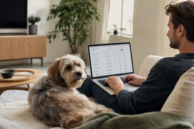 Ein Hundebesitzer arbeitet am Laptop auf dem Sofa, während ein Spitz Hund daneben sitzt, während eine unkennbare Versicherungsvergleichsseite auf dem Bildschirm sichtbar ist.