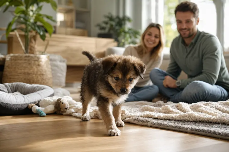 Junger Spitz-Welpe entdeckt neugierig sein neues Zuhause in einer hellen Wohnung mit weicher Decke und Spielzeug im Vordergrund.