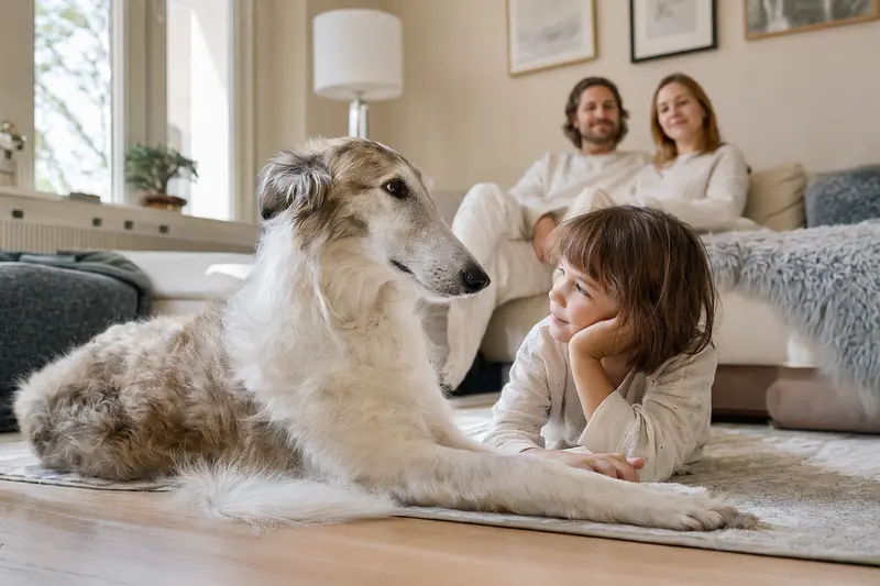 Ein Sredneaziatskaya Borzaya Hund liegt entspannt neben einem Kind im hellen Wohnzimmer einer Familie.