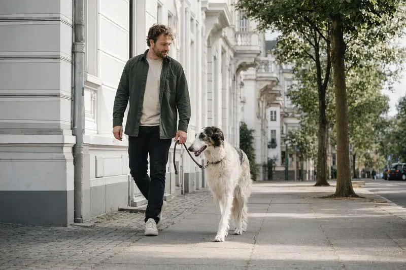 Ein Sredneaziatskaya Borzaya Hund läuft an der Leine mit seinem Besitzer durch eine freundliche Stadtstraße.