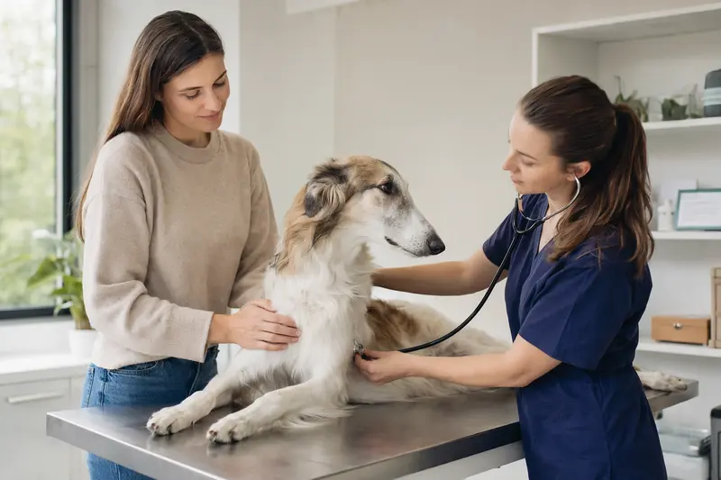 Eine Tierärztin untersucht einen ruhigen Sredneaziatskaya Borzaya auf dem Untersuchungstisch in einer modernen Tierarztpraxis, während der Besitzer beruhigend danebensteht.