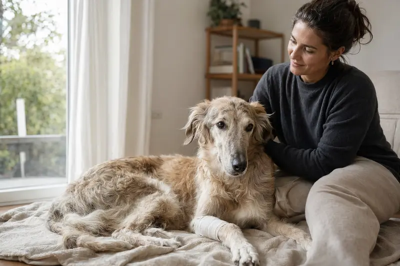 Ein Sredneaziatskaya Borzaya Hund mit leicht verbundenem Pfotenbereich liegt ruhig auf einer Decke neben seinem erleichterten Besitzer in einer hellen Wohnung.