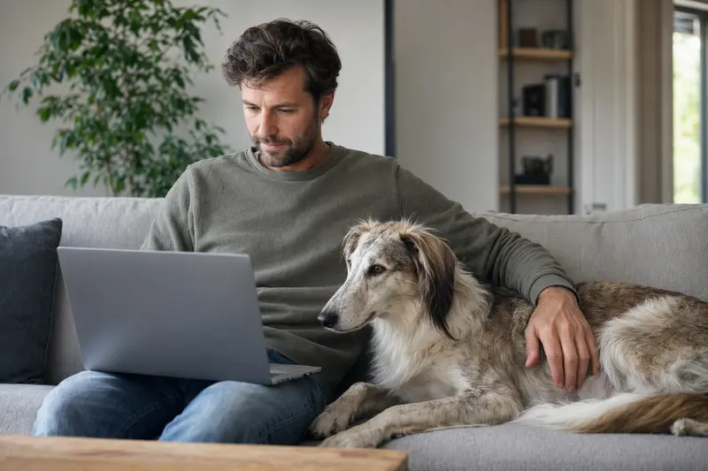 Besitzer mit Laptop auf dem Sofa, neben ihm ein Sredneaziatskaya Borzaya Hund, zeigt eine Versicherungsvergleichs-Oberfläche.