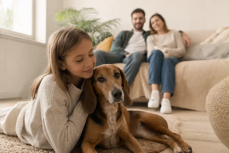 Ein Srpski Gonic Hund liegt entspannt neben einem Kind im hellen Wohnzimmer einer sicheren Familie.