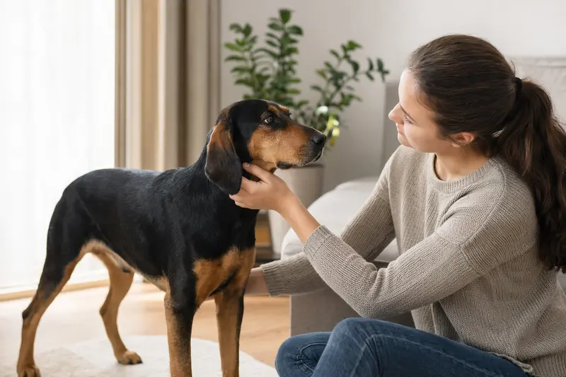 Srpski Gonic Hund in aufmerksamer natürlicher Haltung vor hellem Hintergrund.