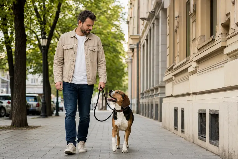 Ein Srpski Gonic läuft angeleint mit seinem Besitzer entspannt durch eine moderne Stadtstraße.