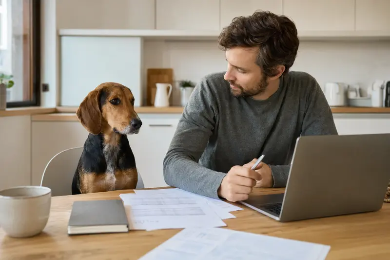 Ein Srpski Gonic sitzt ruhig neben seinem Besitzer am Küchentisch mit Versicherungsunterlagen und Laptop als Symbol für den Vergleich einer Hundeversicherung.