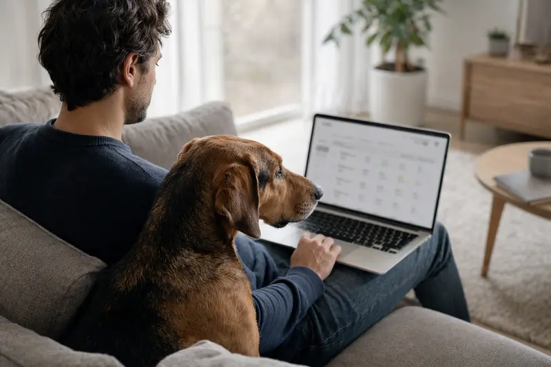 Ein Hundebesitzer sitzt mit Laptop auf dem Sofa und vergleicht Tierversicherungen, während sein Srpski Gonic Hund neben ihm entspannt liegt.