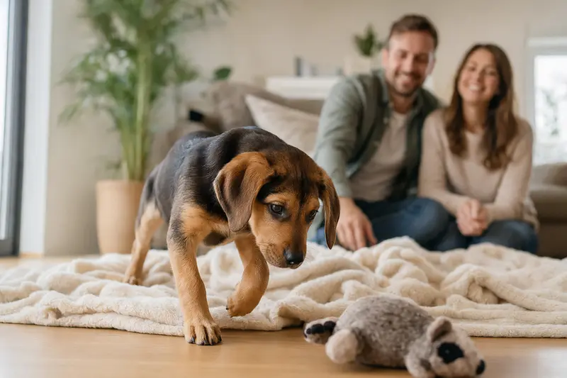 Ein junger Srpski Gonic Welpe erkundet neugierig sein neues Zuhause auf einer weichen Decke mit Spielzeug in einer hellen Wohnung.