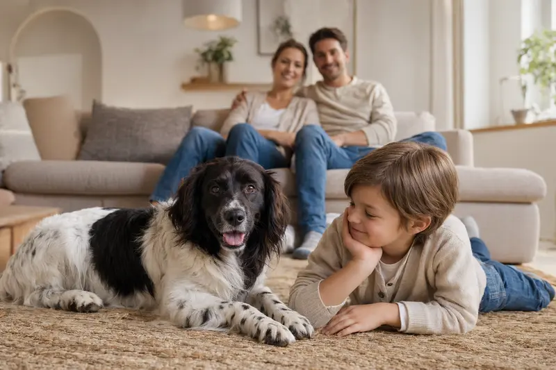 Ein freundlicher Stabij Hund liegt entspannt neben einem Kind im hellen Wohnzimmer, während die Eltern im Hintergrund für eine sichere Familienatmosphäre sorgen.