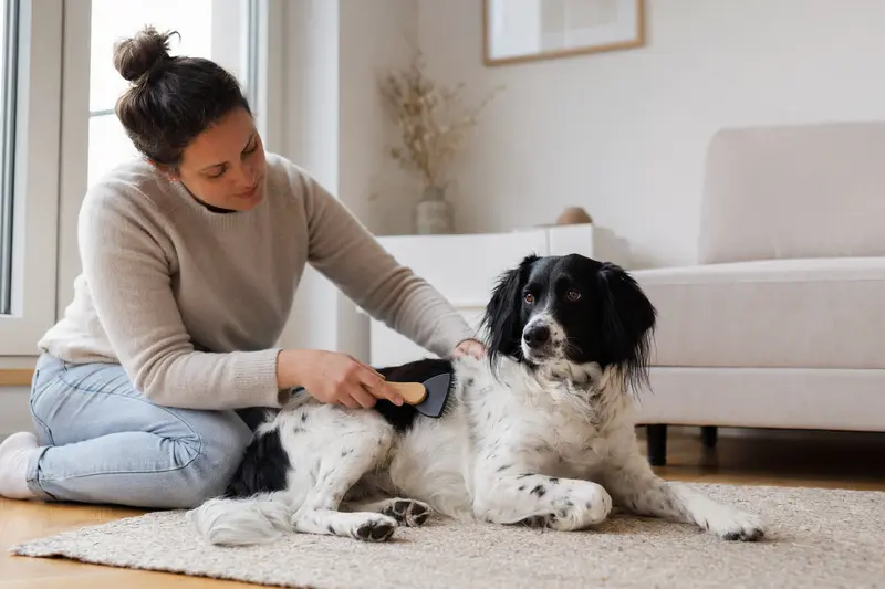 Ein Stabij Hund wird zuhause sanft gebürstet, während sein Besitzer liebevoll die Fellpflege übernimmt.