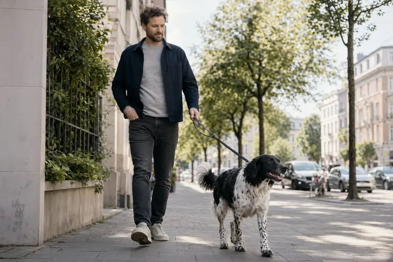 Ein Stabij Hund läuft an der Leine mit seinem Besitzer durch eine freundliche moderne Stadtstraße im Alltag.