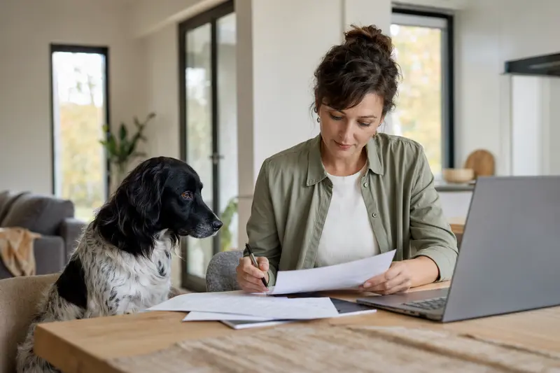 Ein Stabij Hund sitzt ruhig neben seinem Besitzer am Küchentisch mit Versicherungsunterlagen und einem Laptop zur Hundeversicherung.