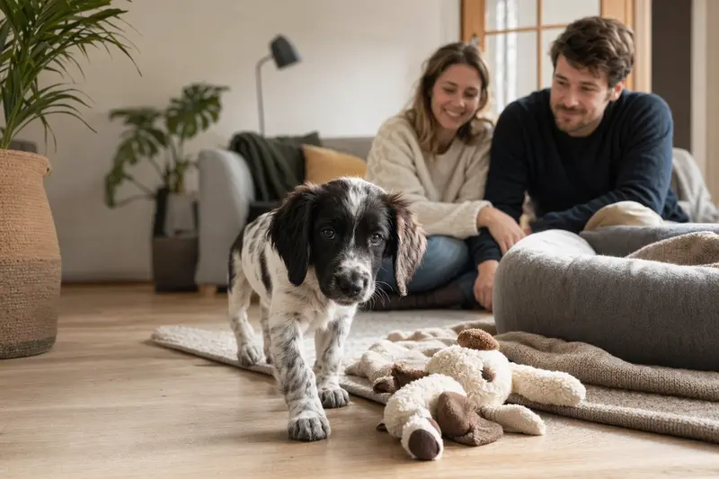 Ein junger Stabij-Welpe entdeckt neugierig sein neues Zuhause in einer hellen Wohnung mit weicher Decke und Spielzeug, während seine Familie im Hintergrund steht.