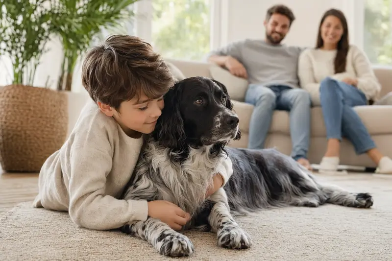 Ein freundlicher Stabijhoun Hund liegt entspannt neben einem Kind im Wohnzimmer, während die Eltern im Hintergrund eine sichere Familienatmosphäre schaffen.