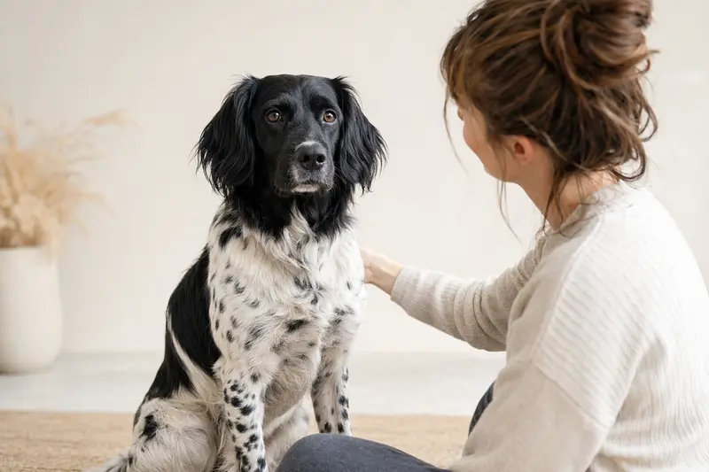 Aufmerksamer Stabijhoun Hund in natürlicher Haltung vor hellem neutralem Hintergrund, als realistisches Tierportrait mit weichem Licht dargestellt.