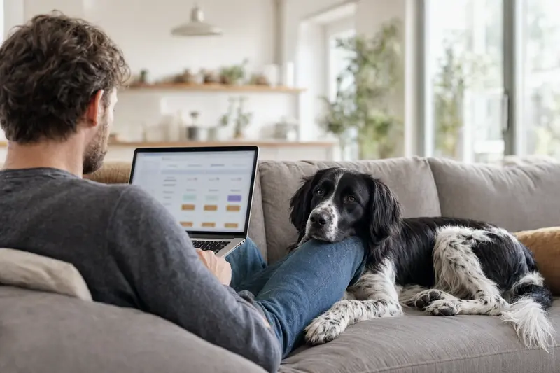 Ein Hundebesitzer sitzt auf dem Sofa mit seinem Stabijhoun und vergleicht Tierkrankenversicherungen auf seinem Laptop.