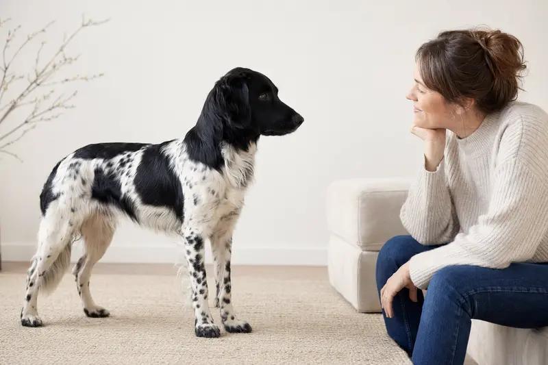 Aufmerksam stehender Stabyhoun Hund in natürlicher Haltung vor hellem Hintergrund, als realistisches Tierportrait mit typischer Fellstruktur.