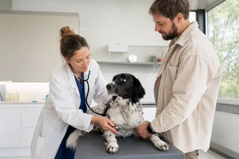 Eine Tierärztin untersucht einen ruhigen Stabyhoun mit dem Stethoskop, während der Besitzer in der modernen Tierarztpraxis beruhigend danebensteht.