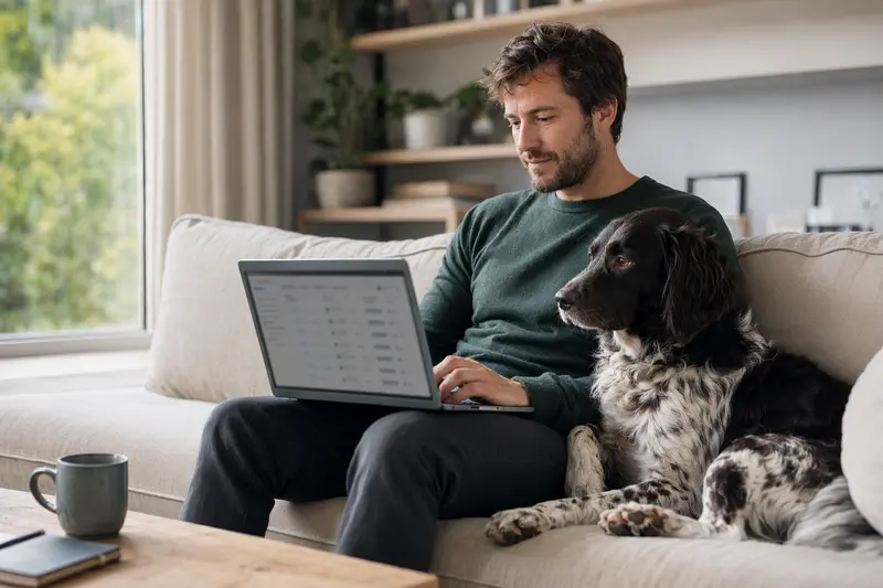 Ein Besitzer arbeitet am Laptop auf dem Sofa, während ein Stabyhoun Hund daneben sitzt, in einem hellen und ruhigen Wohnraum.