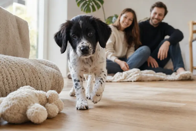Junger Stabyhoun-Welpe entdeckt neugierig sein neues Zuhause in einer hellen Wohnung mit weicher Decke und Spielzeug im Vordergrund.