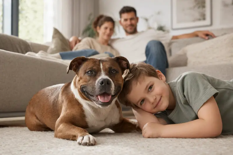 Ein freundlicher Staffordshire Bull Terrier liegt entspannt neben einem Kind im Wohnzimmer, während die Eltern im Hintergrund eine warme und sichere Familienatmosphäre schaffen.
