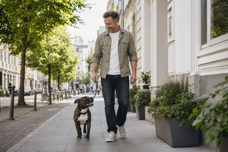 Ein Staffordshire Bull Terrier läuft an der Leine mit seinem Besitzer durch eine freundliche moderne Stadtstraße.