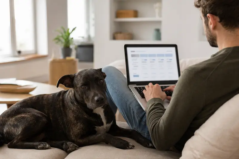 Ein Hundebesitzer sitzt mit einem Laptop auf dem Sofa, während ein Staffordshire Bull Terrier neben ihm sitzt und eine neutrale Versicherungsvergleichs-Seite auf dem Bildschirm zu sehen ist.