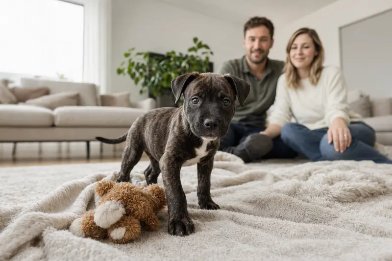 Ein junger Staffordshire Bull Terrier Welpe erkundet neugierig sein neues Zuhause in einer hellen Wohnung mit weicher Decke und Spielzeug.