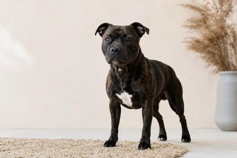 Staffordshire Bullterrier in natürlicher Haltung vor hellem Hintergrund als realistisches Hundeporträt.