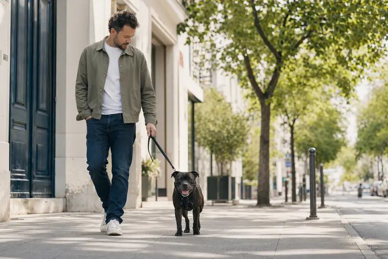 Ein Staffordshire Bullterrier läuft an der Leine mit seinem Besitzer durch eine moderne Stadtstraße.