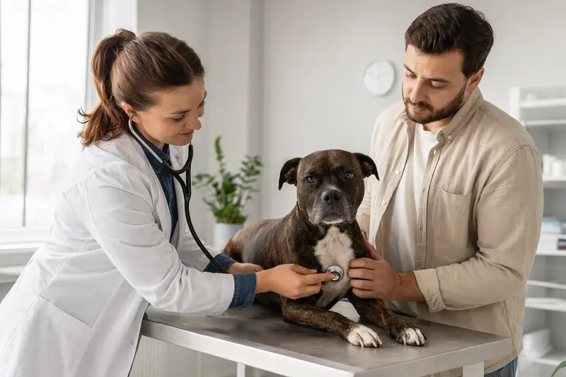 Eine freundliche Tierärztin untersucht einen Staffordshire Bullterrier mit einem Stethoskop in einer modernen Tierarztpraxis.