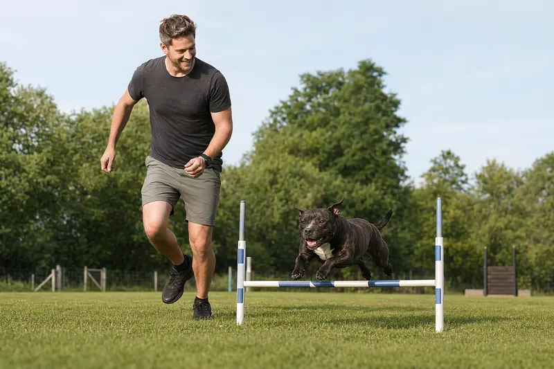 Ein Staffordshire Bullterrier trainiert mit seinem Besitzer über eine kleine Hürde auf dem Hundeplatz und zeigt dabei Freude, Bewegung und sichere Auslastung.