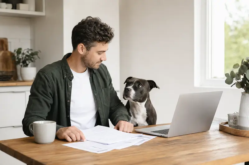 Ein Staffordshire Bullterrier sitzt entspannt neben seinem Besitzer am Küchentisch, während Versicherungsunterlagen und ein Laptop sichtbar sind.