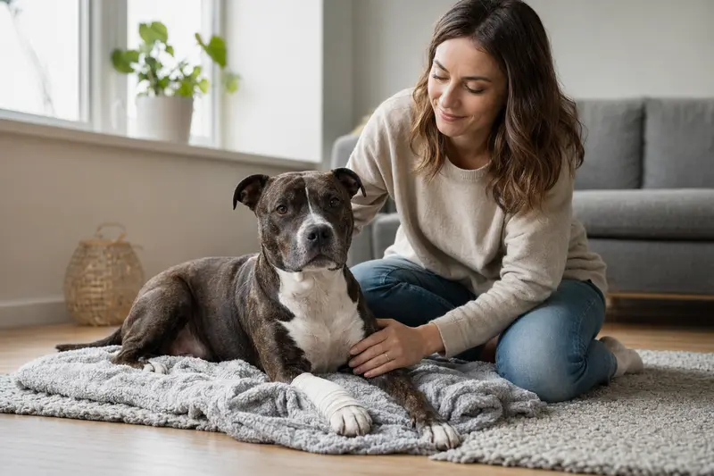 Ein Staffordshire Bullterrier mit Verband auf der Pfote entspannt auf einer Decke, während sein Besitzer neben ihm sitzt und erleichtert wirkt.
