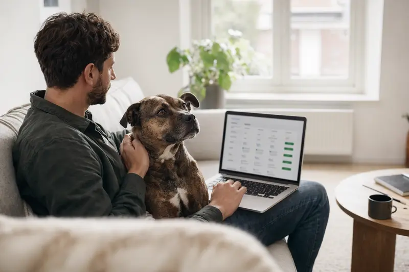 Ein Hundebesitzer mit einem Staffordshire Bullterrier sitzt auf dem Sofa und vergleicht Versicherungen auf seinem Laptop in einer hellen Wohnung.
