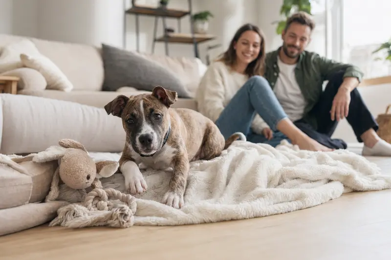 Ein neugieriger Staffordshire Bullterrier Welpe erkundet glücklich sein neues Zuhause mit Spielzeug und liebevoller Familie im Hintergrund.