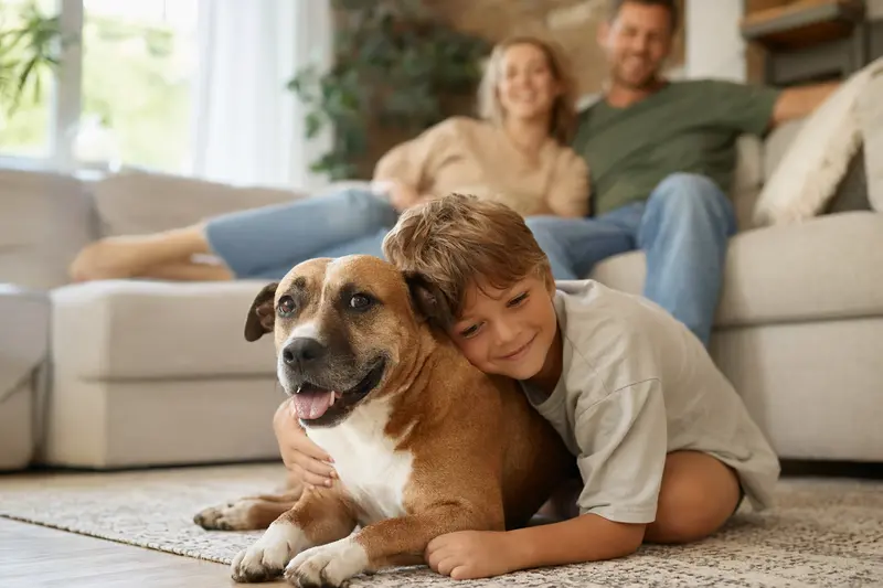 Ein freundlicher Staffordshire Terrier liegt entspannt neben einem Kind im hellen Wohnzimmer einer Familie.