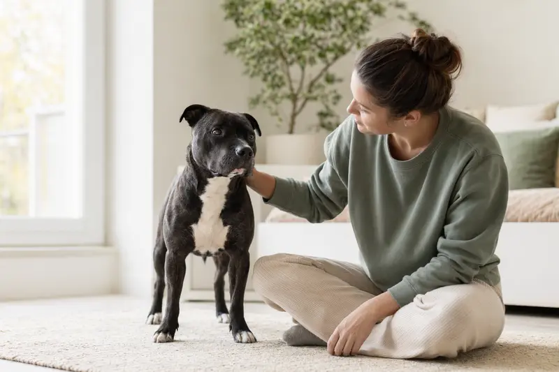 Staffordshire Terrier Hund steht aufmerksam vor hellem Hintergrund in natürlicher Haltung, als realistisches Porträt für einen Ratgeber zu Hundegesundheit und Versicherung.