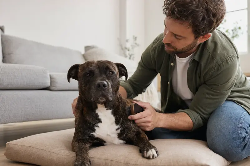 Ein Staffordshire Terrier wird in einer hellen Wohnung sanft gebürstet, während sein Besitzer liebevoll die Fellpflege übernimmt.