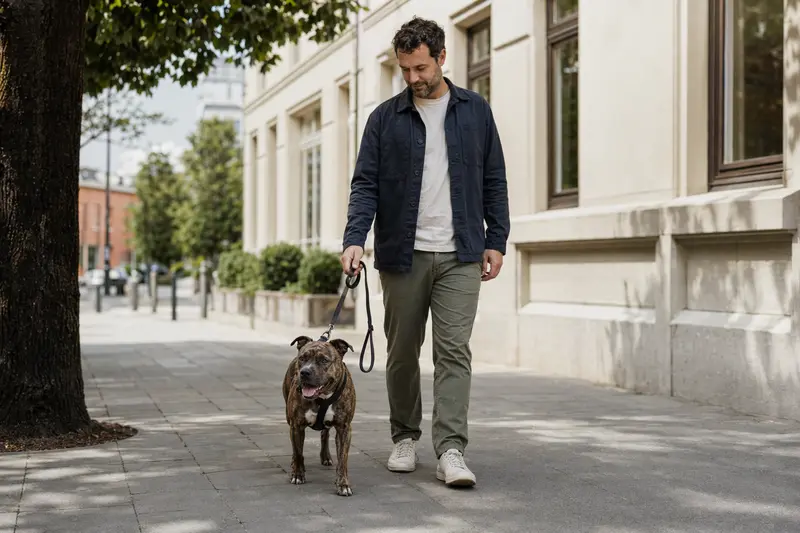Ein Staffordshire Terrier läuft an der Leine mit seinem Besitzer durch eine moderne Stadtstraße.