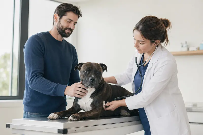 Eine Tierärztin untersucht einen ruhigen Staffordshire Terrier mit dem Stethoskop, während der Besitzer in der modernen Tierarztpraxis beruhigend danebensteht.
