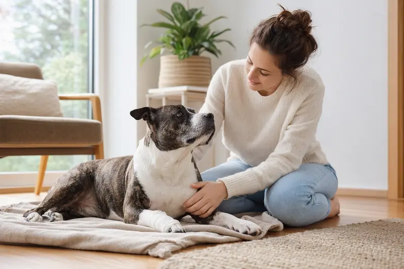 Staffordshire Terrier mit leicht bandagierter Pfote liegt ruhig auf einer Decke, während sein Besitzer erleichtert daneben sitzt.