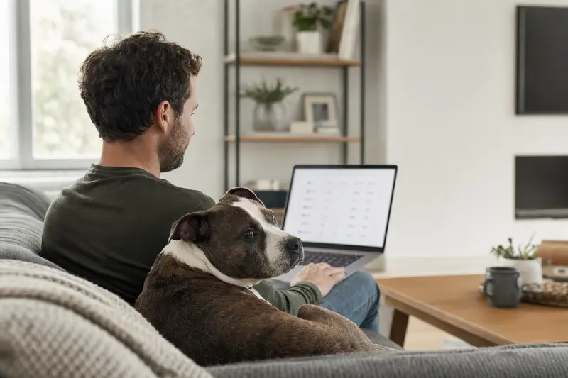Ein Hundebesitzer sitzt mit Laptop auf dem Sofa, während ein Staffordshire Terrier entspannt neben ihm liegt.
