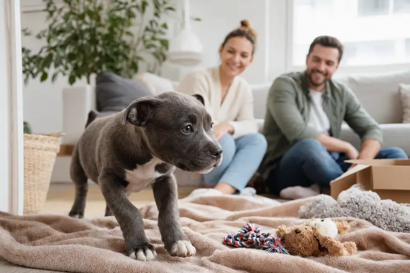 Neugieriger Staffordshire Terrier Welpe entdeckt sein neues Zuhause in einer hellen Wohnung mit Decke und Spielzeug.