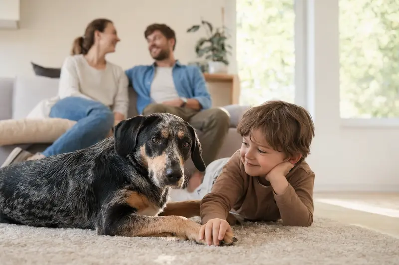 Ein freundlicher Steinbracke Hund liegt entspannt neben einem Kind im hellen Wohnzimmer einer Familie.