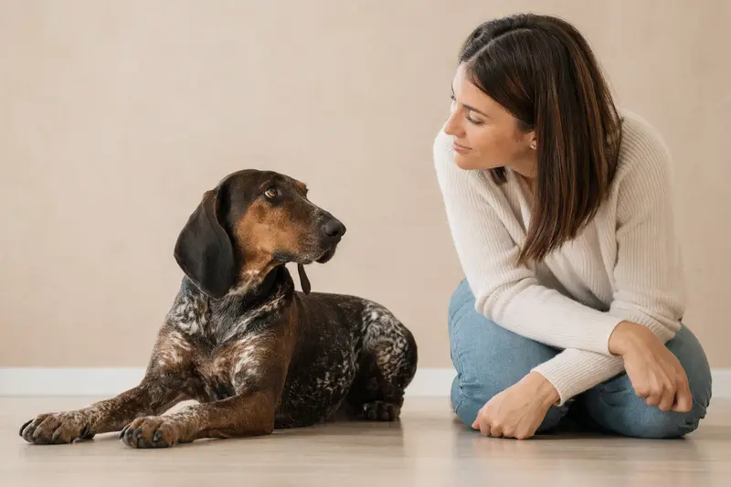 Aufmerksamer Steinbracke Hund in natürlicher Haltung vor hellem Hintergrund, als realistisches Tierportrait mit klarer Fellstruktur.