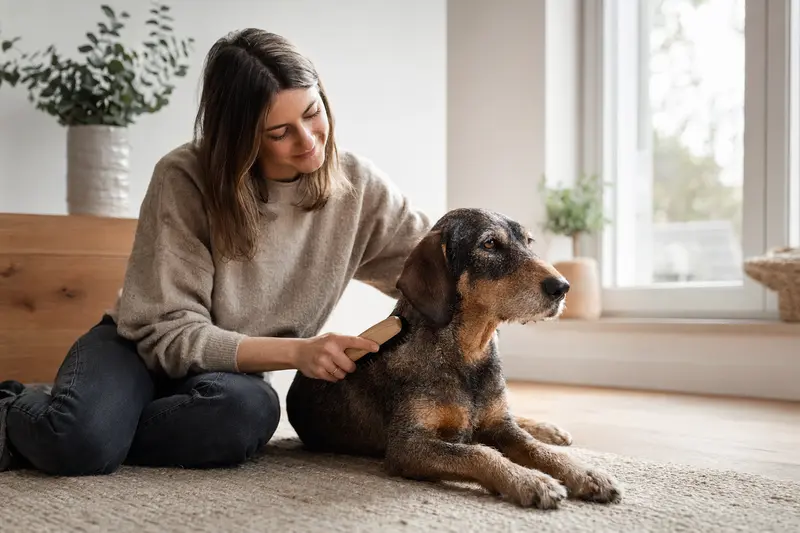 Ein Steinbracke Hund wird in einer hellen Wohnung sanft gebürstet, während sein Besitzer liebevoll die Fellpflege übernimmt.