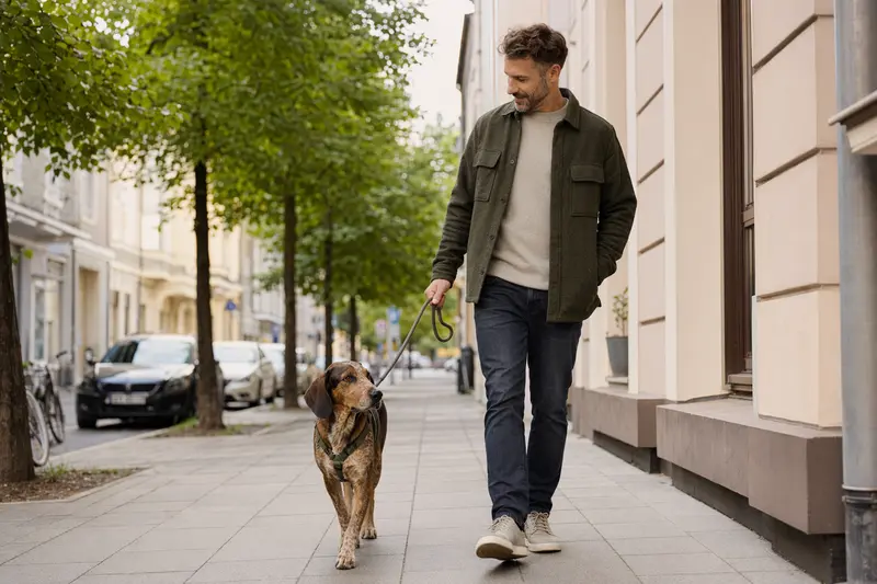 Ein Steinbracke-Hund läuft an der Leine mit seinem Besitzer durch eine freundliche moderne Stadtstraße.